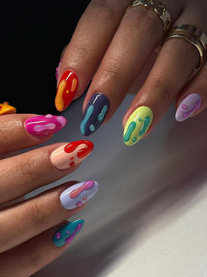 Glossy Rainbow Drip Press On Nails Color Splash Set