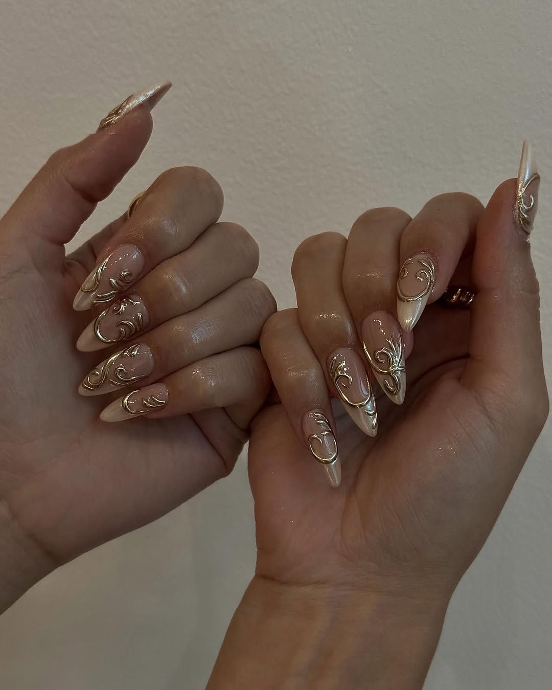 Elegant Nude Almond Press On Nails with Gold 3D Swirl Design