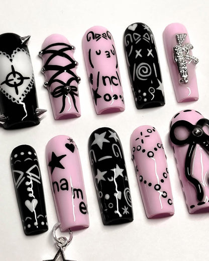 Gothic Punk Pink Black Star Bow 3D Press On Nail Set