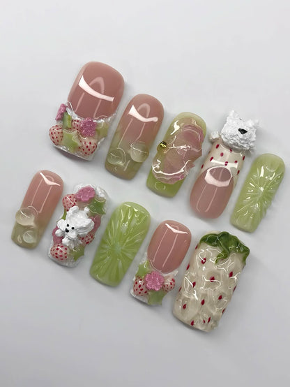 Kawaii Press-On Nails with 3D Puppy, Strawberries, and Floral Details