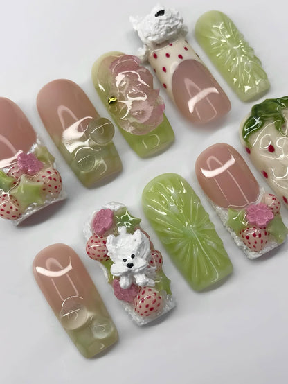 Kawaii Press-On Nails with 3D Puppy, Strawberries, and Floral Details