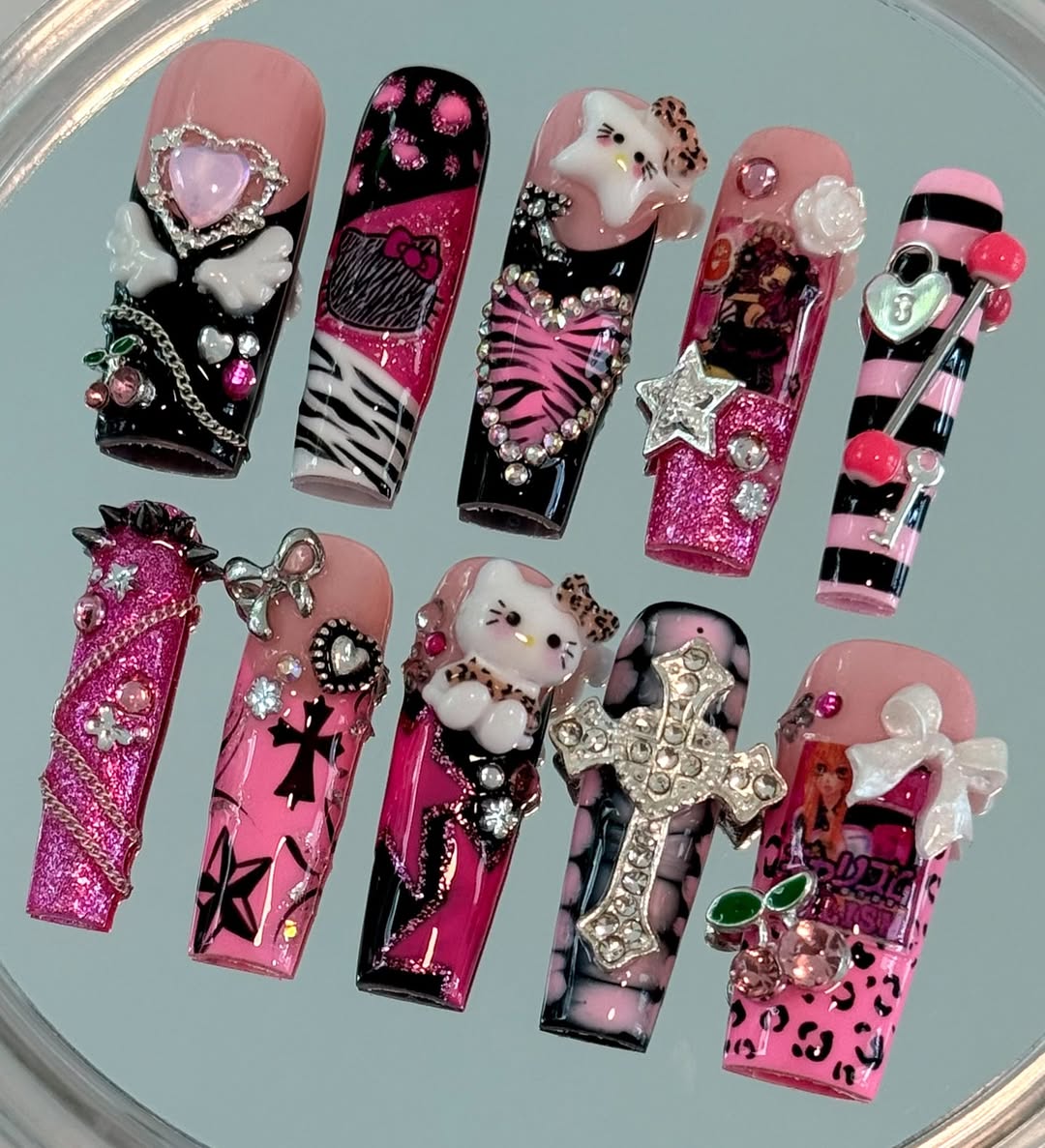 Hello Kitty Pink Zebra Cross Press On Nail Set 3D Glam Punk