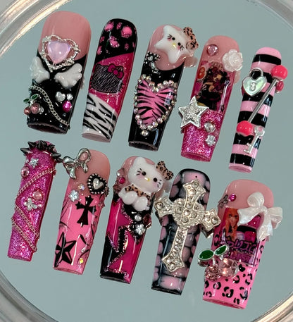 Hello Kitty Pink Zebra Cross Press On Nail Set 3D Glam Punk