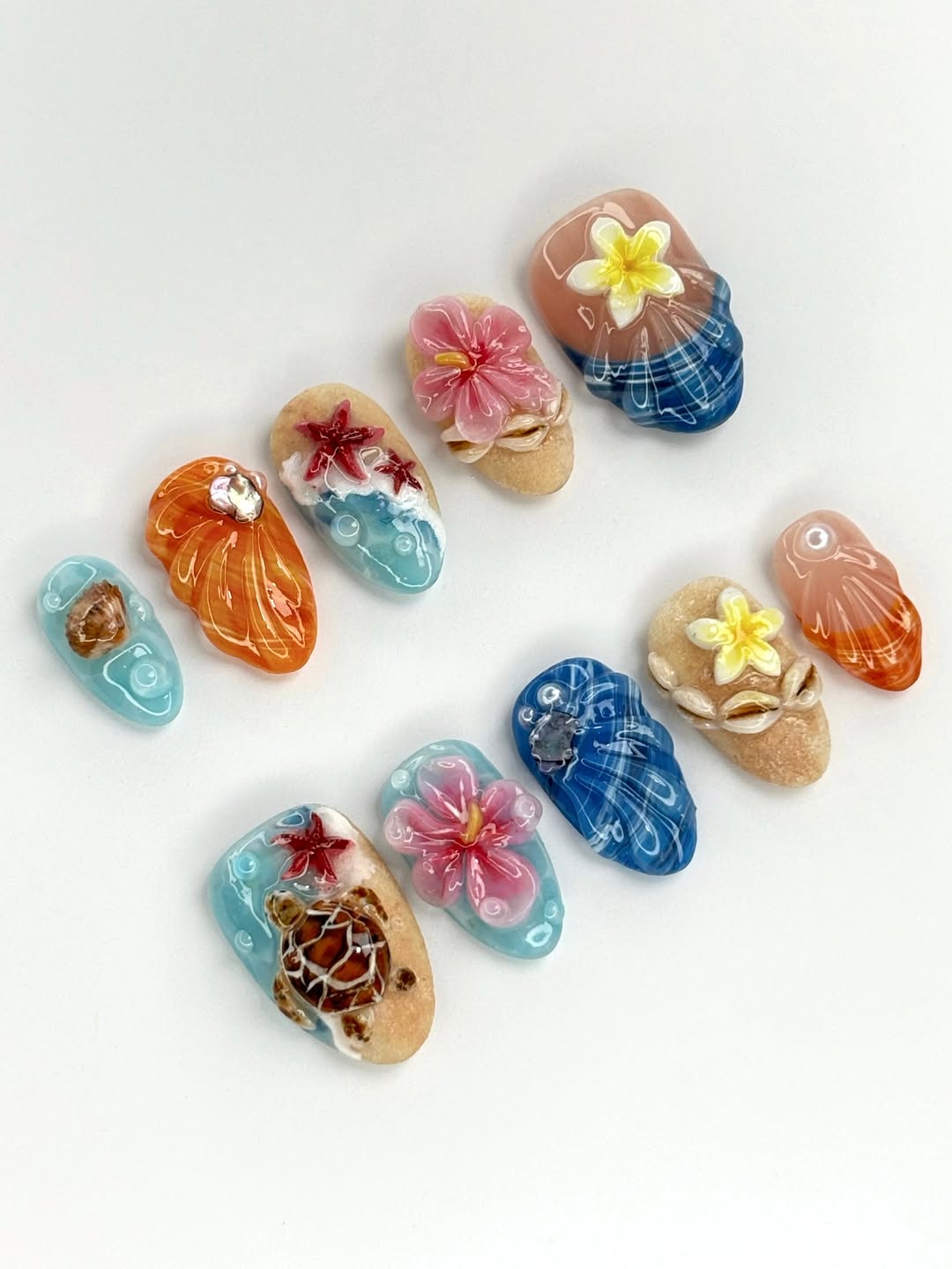 Handpainted Tropical Press On Nails with Turtle and Floral 3D Accents