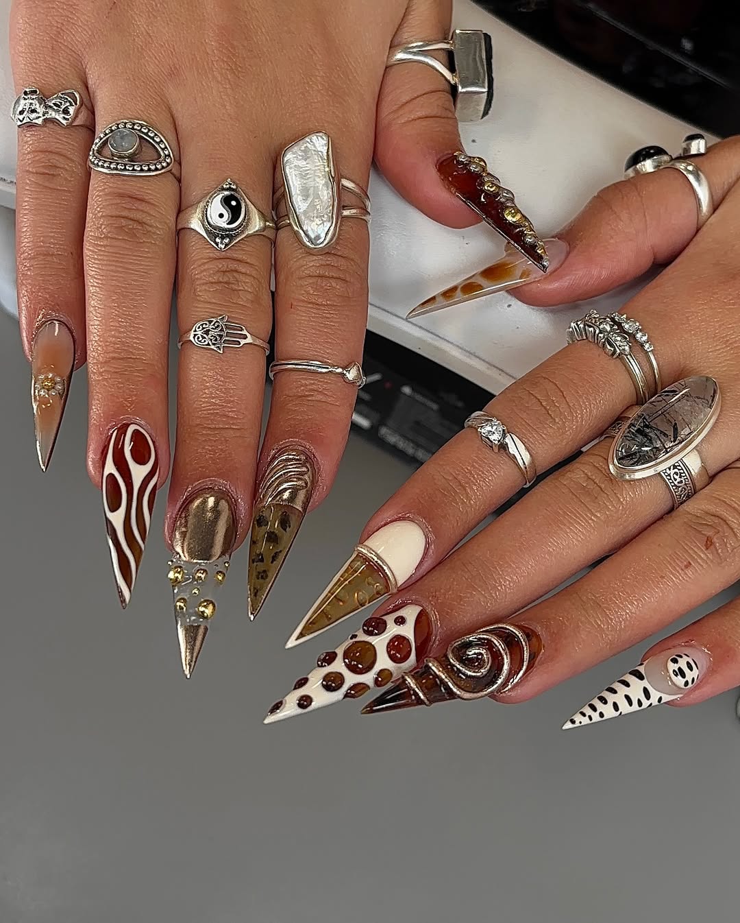 Luxury Abstract Brown and Gold 3D Stiletto Press-On Nails