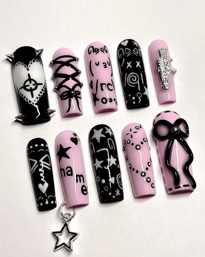 Gothic Punk Pink Black Star Bow 3D Press On Nail Set
