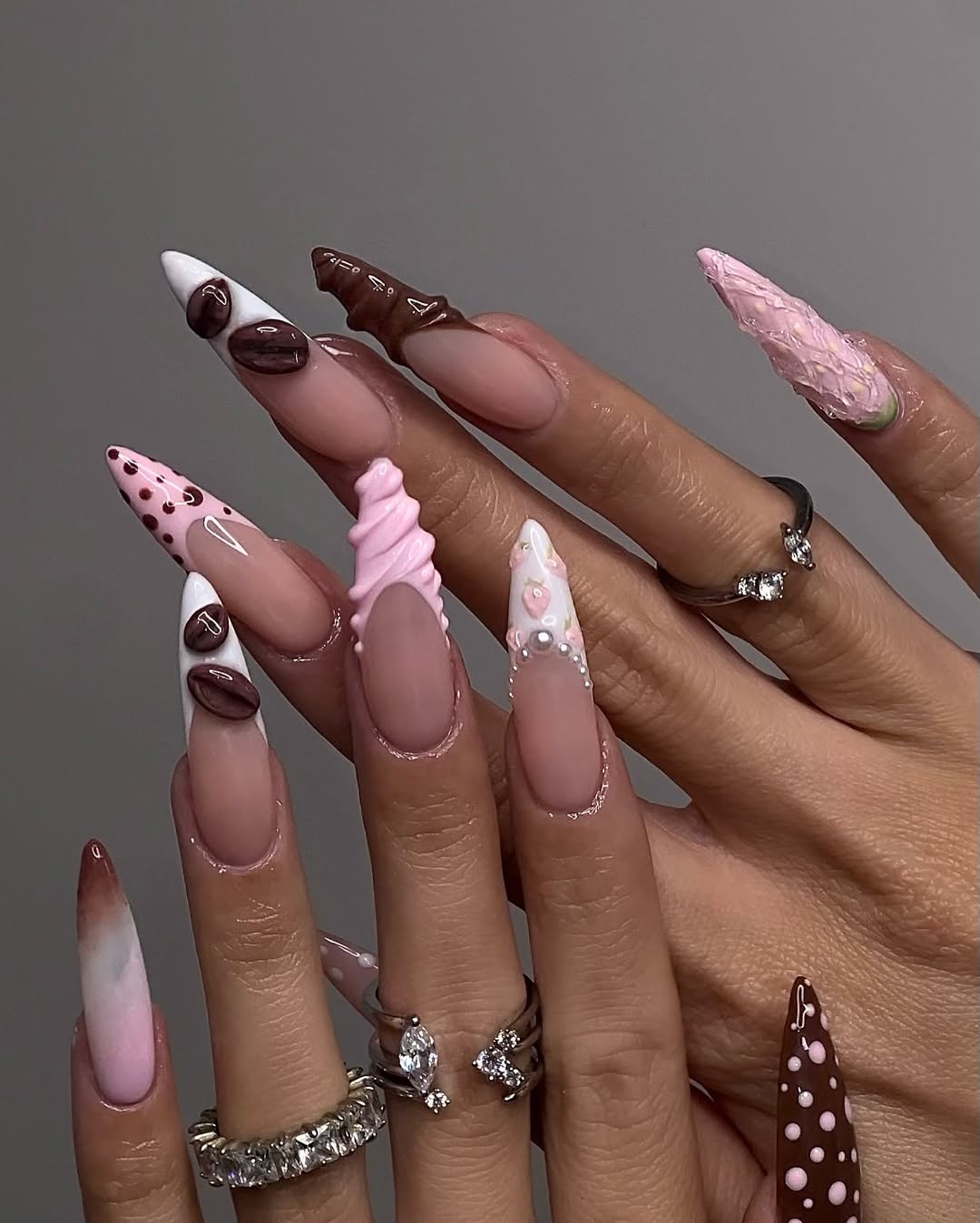 Chocolate Strawberry Swirl Press-On Nails with 3D Cream Accents