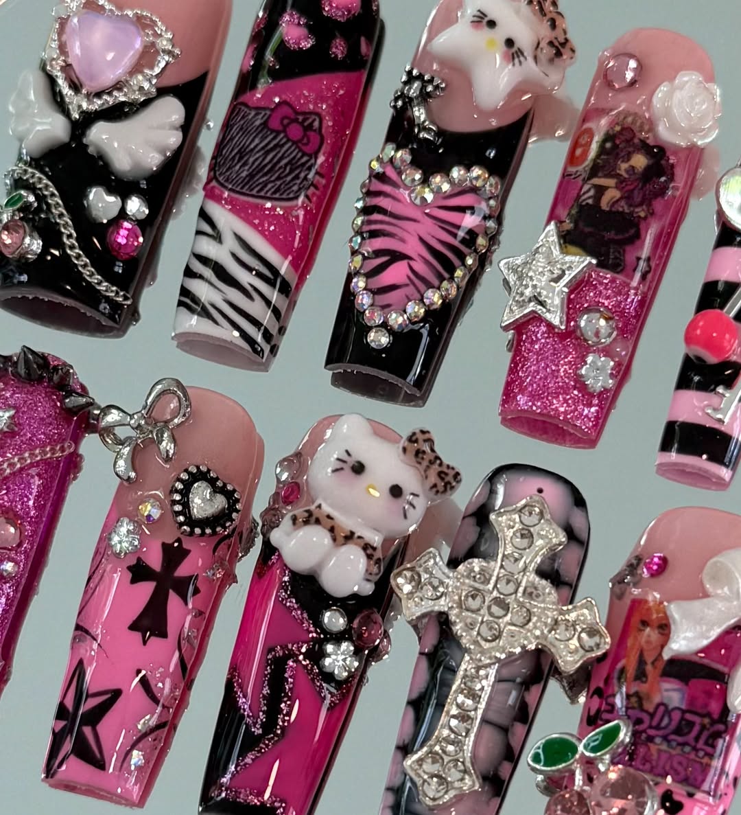Hello Kitty Pink Zebra Cross Press On Nail Set 3D Glam Punk