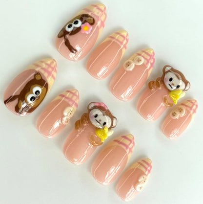 3D Monkey Press On Nails Nude Pink Cute Animal Art Set