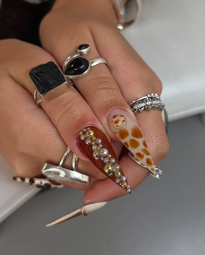 Luxury Abstract Brown and Gold 3D Stiletto Press-On Nails