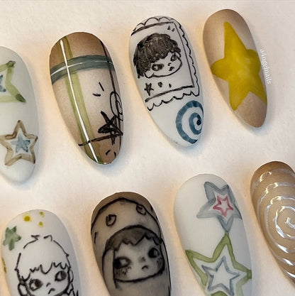 Hirono Starry Story Press On Nails with Hand-Drawn Art