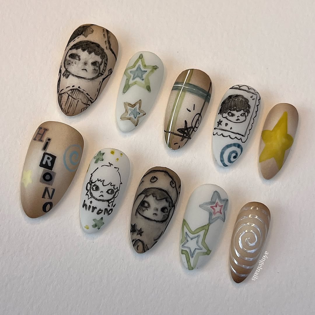 Hirono Starry Story Press On Nails with Hand-Drawn Art