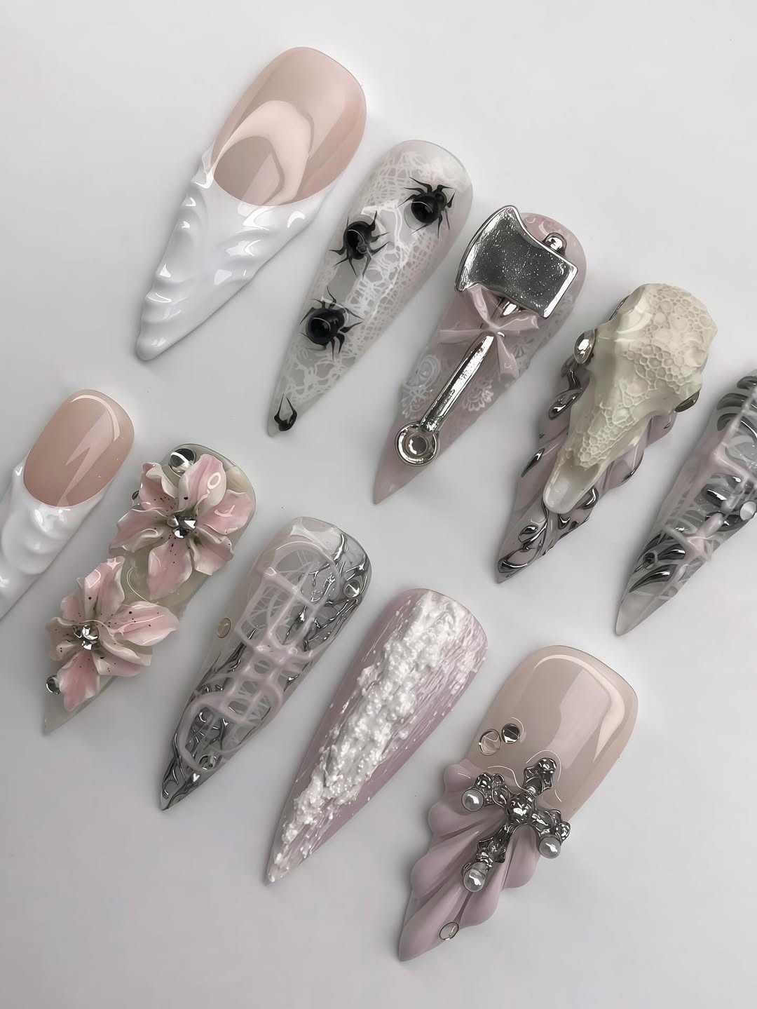 Luxury Pink and White 3D Press-On Nails with Gothic Accents