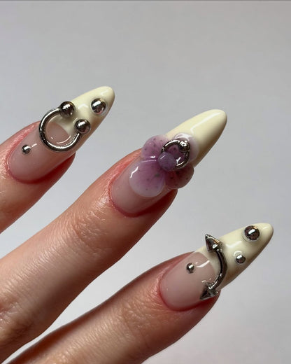 3D Orchid Piercing Press On Nails with Metallic Charms
