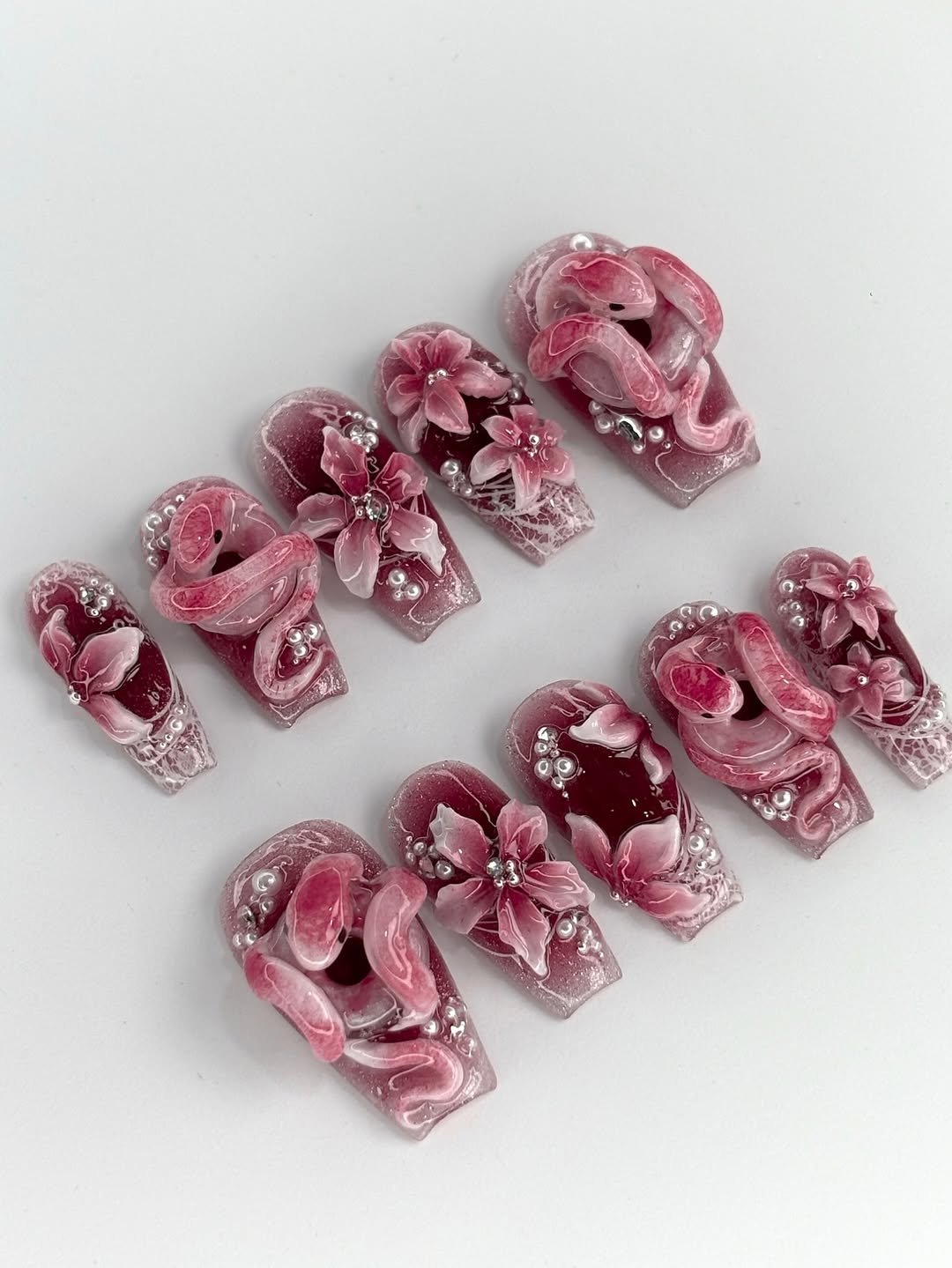 Handpainted Pink Maroon Press On Nails with Snake and Floral 3D Accents