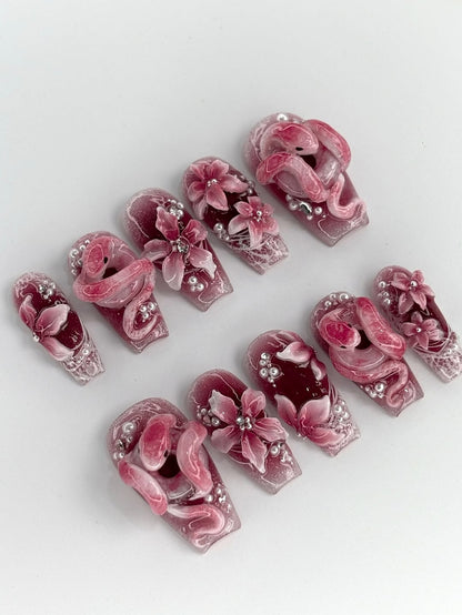 Handpainted Pink Maroon Press On Nails with Snake and Floral 3D Accents