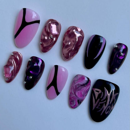 Pink Venom Rock Press On Nails with Metallic Marble Design