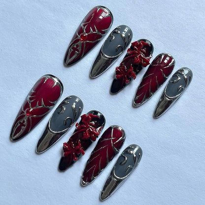 Gothic Red and Silver 3D Press On Nail Set with Floral Details
