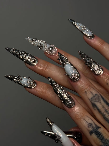 Edgy 3D Silver Gothic Stiletto Press-On Nails with Sculpted Details