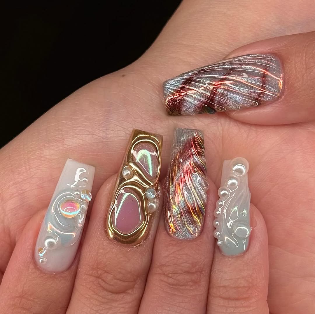 Iridescent Pearl Chrome Press On Nails Mermaidcore Fantasy Set