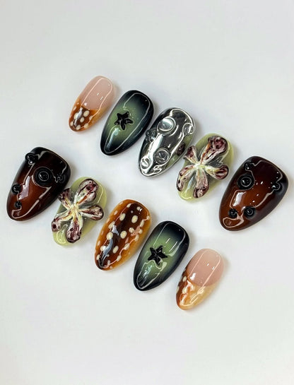 Handpainted Brown Green Press On Nails with Floral and Star 3D Accents
