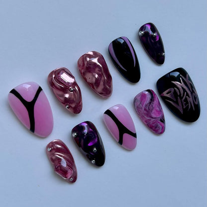 Pink Venom Rock Press On Nails with Metallic Marble Design