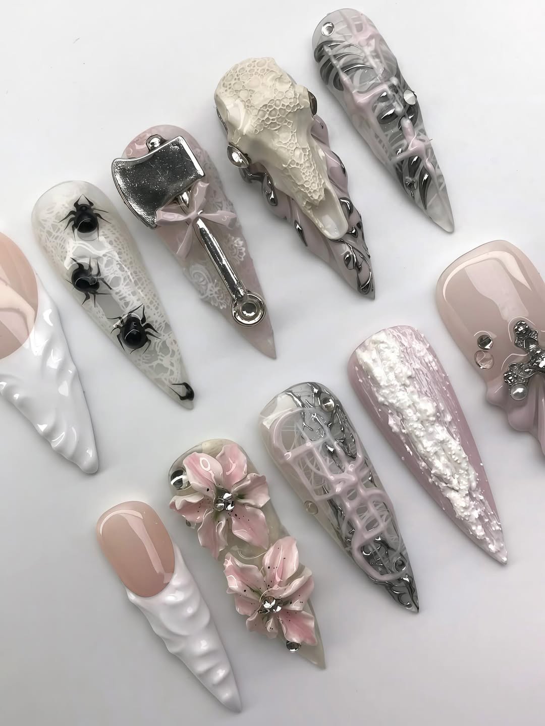 Luxury Pink and White 3D Press-On Nails with Gothic Accents