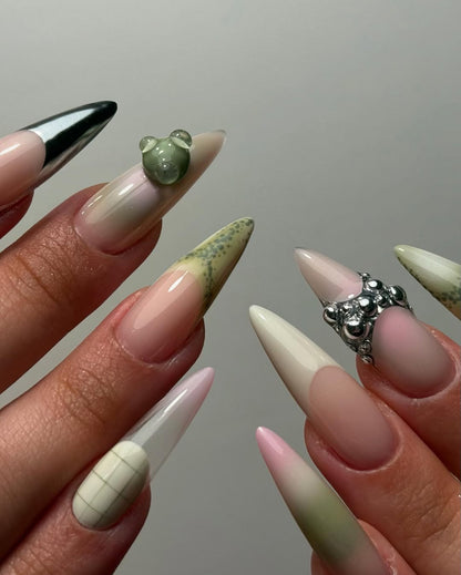 Kawaii Bear Chrome Press-On Nails with Green French Tips