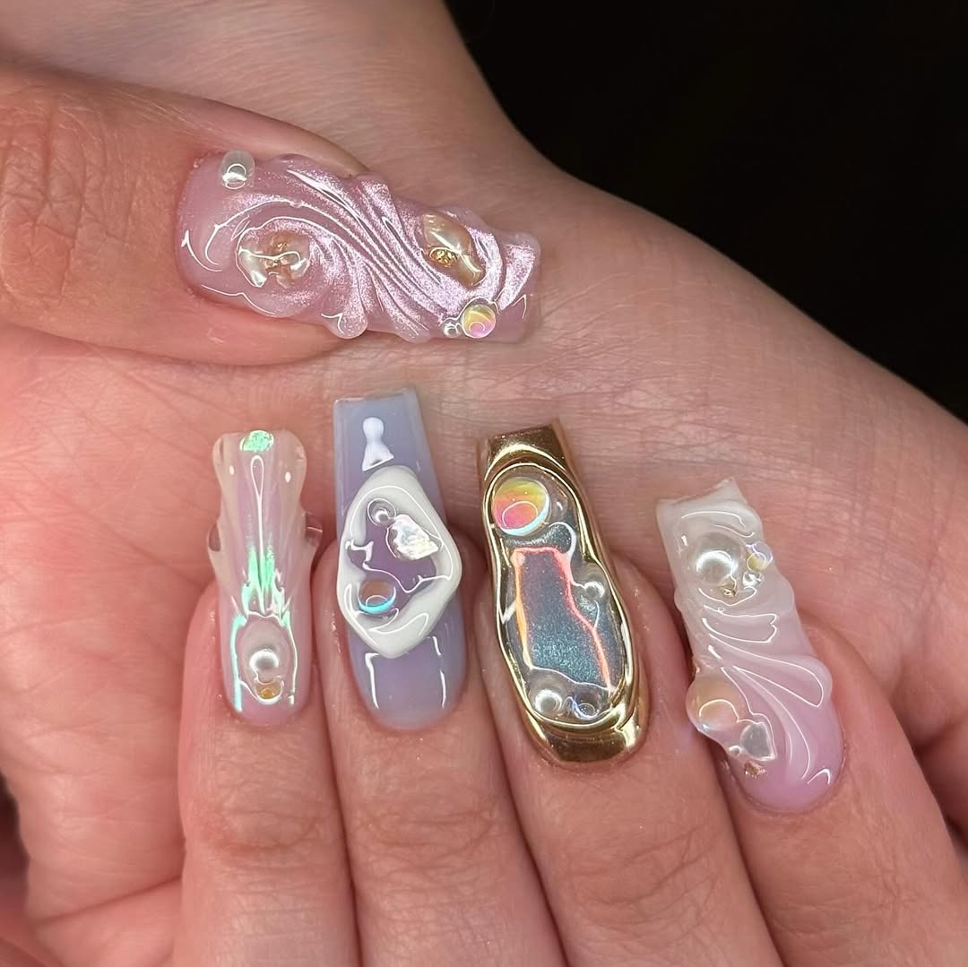 Iridescent Pearl Chrome Press On Nails Mermaidcore Fantasy Set