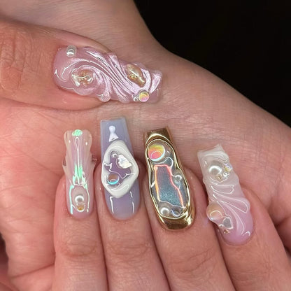 Iridescent Pearl Chrome Press On Nails Mermaidcore Fantasy Set