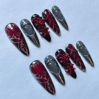 Gothic Red and Silver 3D Press On Nail Set with Floral Details
