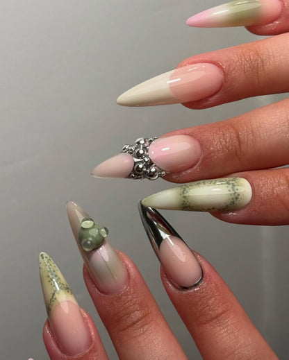Kawaii Bear Chrome Press-On Nails with Green French Tips