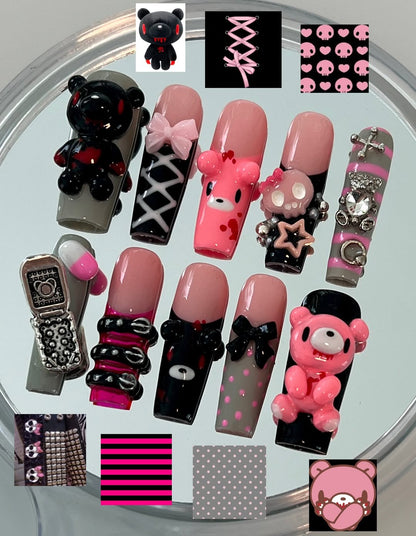 Gothic Teddy & Skull Pink Press On Nail Set 3D Cute Punk Style