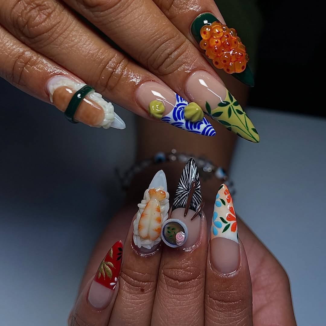 Japanese Food Inspired 3D Press On Nails – Sushi and Ramen Art