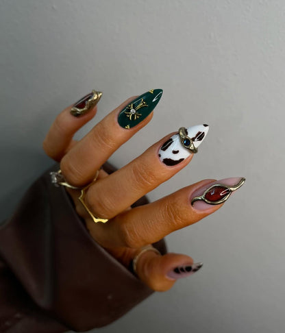 Luxury 3D Green and Red Press-On Nails with Artistic Accents
