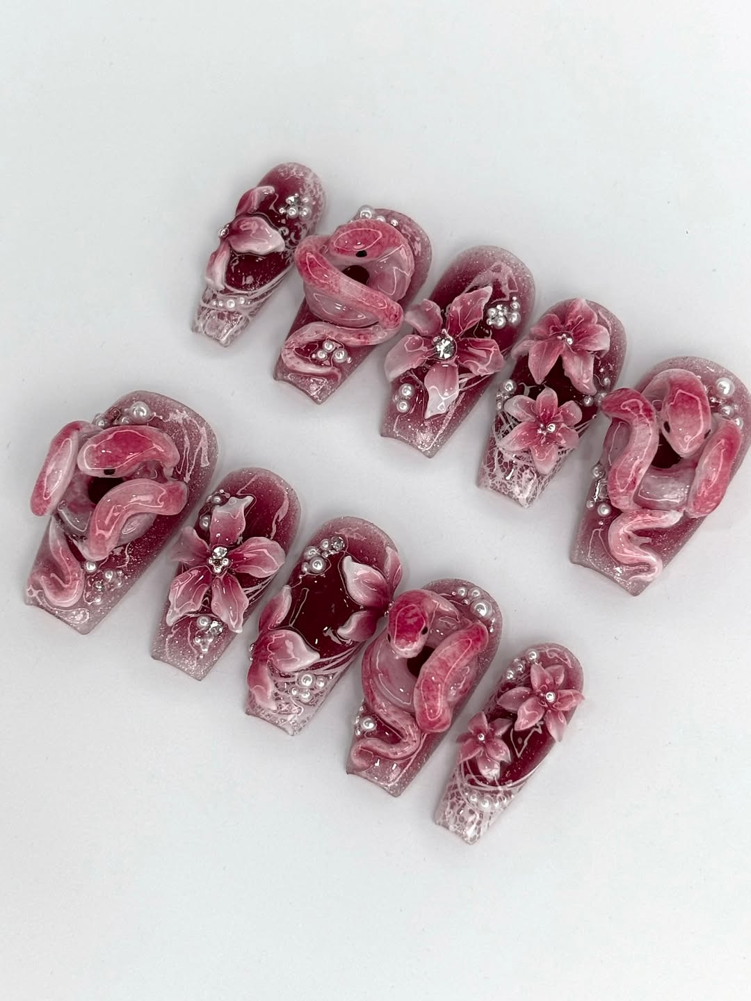 Handpainted Pink Maroon Press On Nails with Snake and Floral 3D Accents