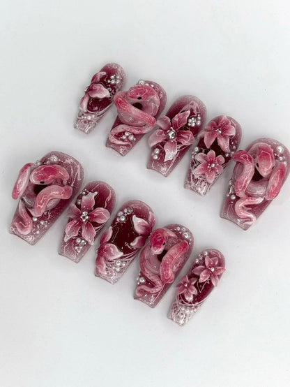 Handpainted Pink Maroon Press On Nails with Snake and Floral 3D Accents