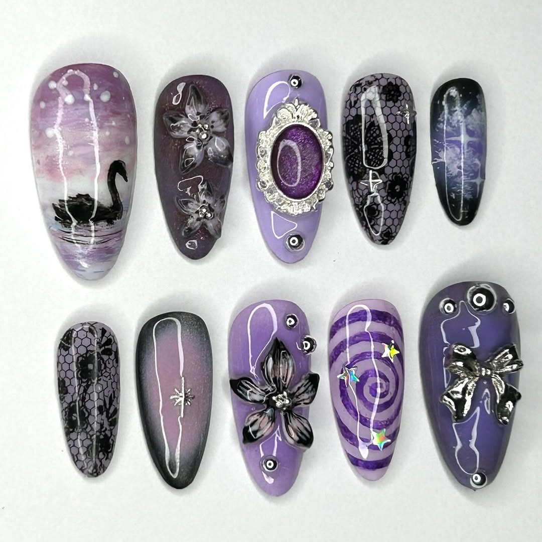 Midnight Enchantress 3D Press On Nails with Swan, Flowers and Lace