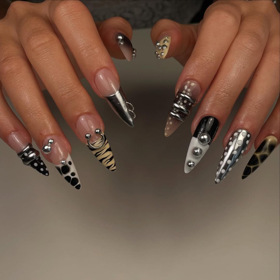 Luxury 3D Black and Silver Stiletto Press-On Nails with Animal Prints