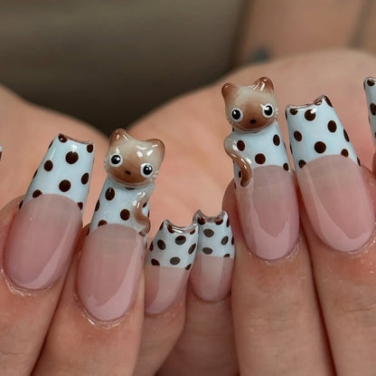 Adorable 3D Cat Polka Dot Long Square French Tip Press On Nails