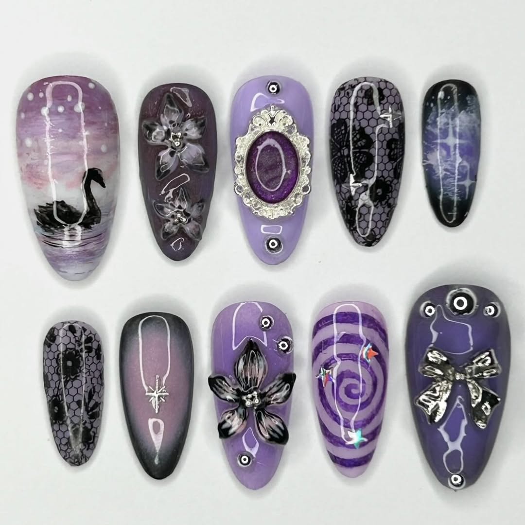 Midnight Enchantress 3D Press On Nails with Swan, Flowers and Lace
