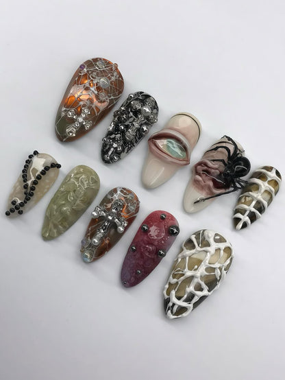 Gothic Horror Press-On Nails with 3D Spider Cross and Web Art