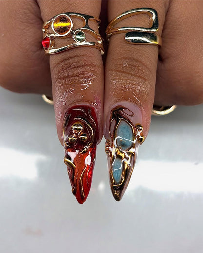 Handmade Press-On Nails with 3D Metallic Luxury Stone Art