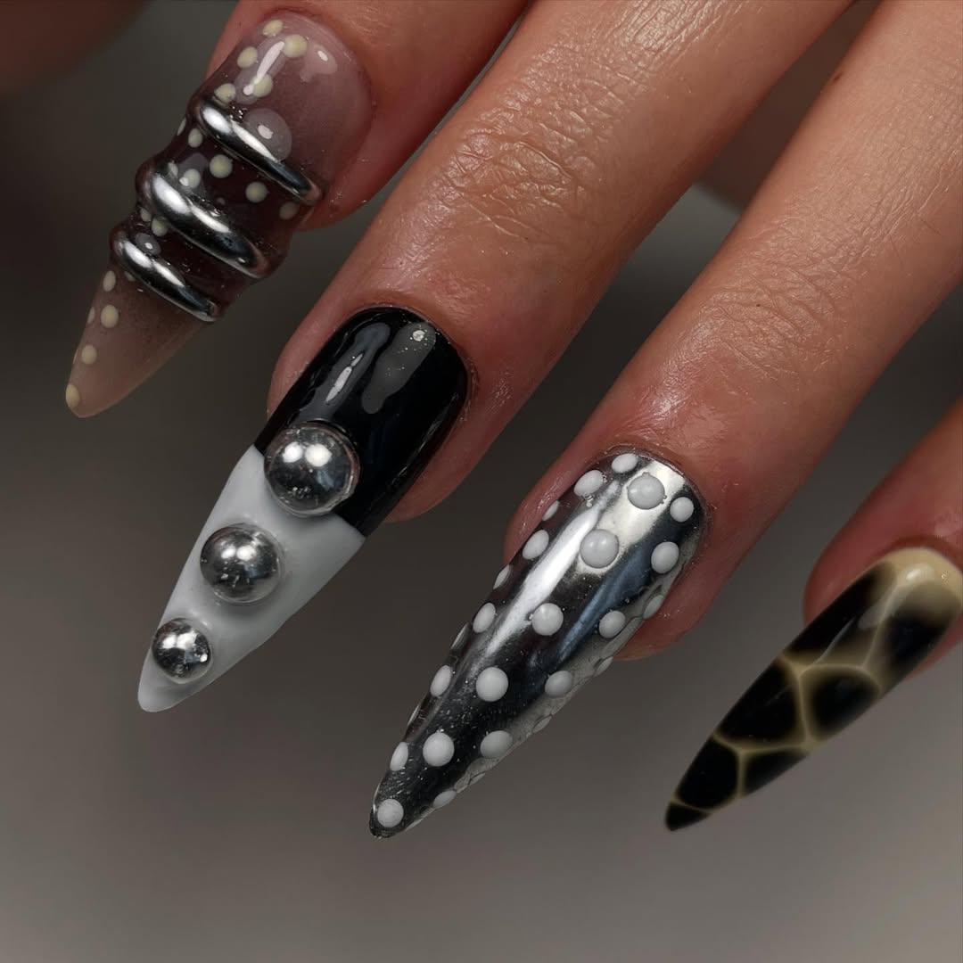 Luxury 3D Black and Silver Stiletto Press-On Nails with Animal Prints
