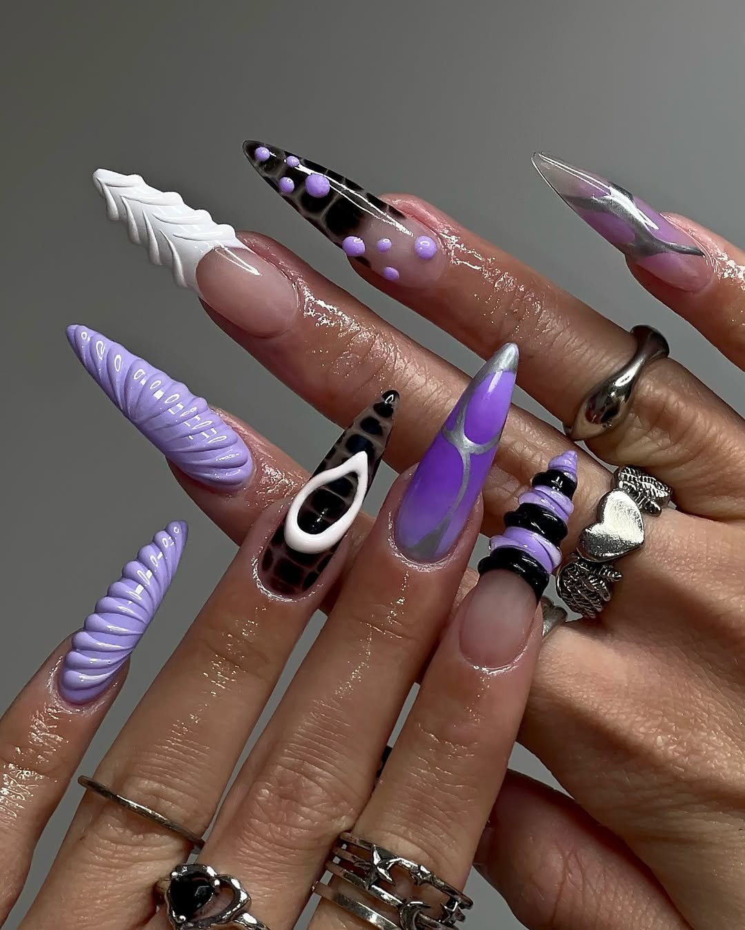 Luxury 3D Purple and Black Stiletto Press-On Nails with Abstract Design