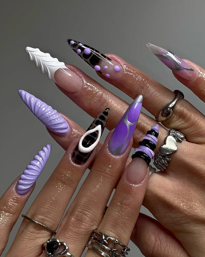Luxury 3D Purple and Black Stiletto Press-On Nails with Abstract Design