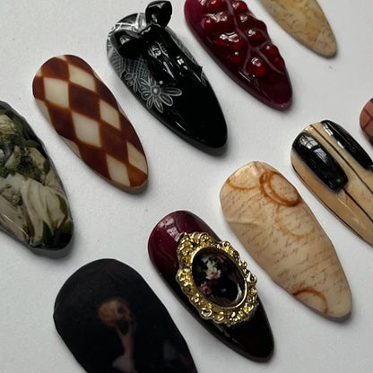 Baroque Mystery 3D Press On Nails with Vintage Art and Classical Accents