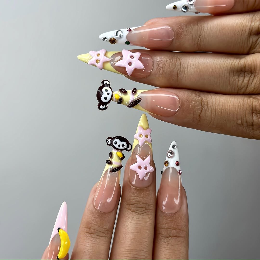 Monkey Fun 3D Press On Nails with Bananas, Stars and Cartoon Accents