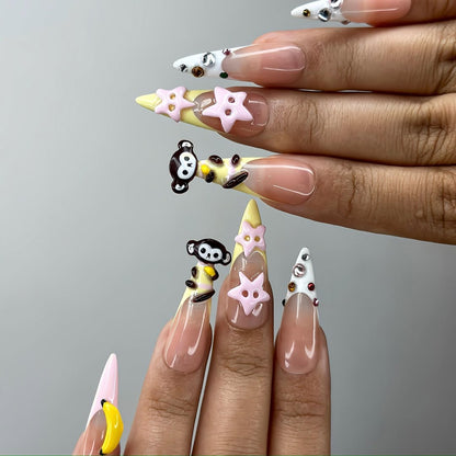Monkey Fun 3D Press On Nails with Bananas, Stars and Cartoon Accents