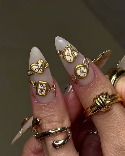 Golden Hour 3D Press On Nails with Sculpted Metallic Art and Pearl Accents